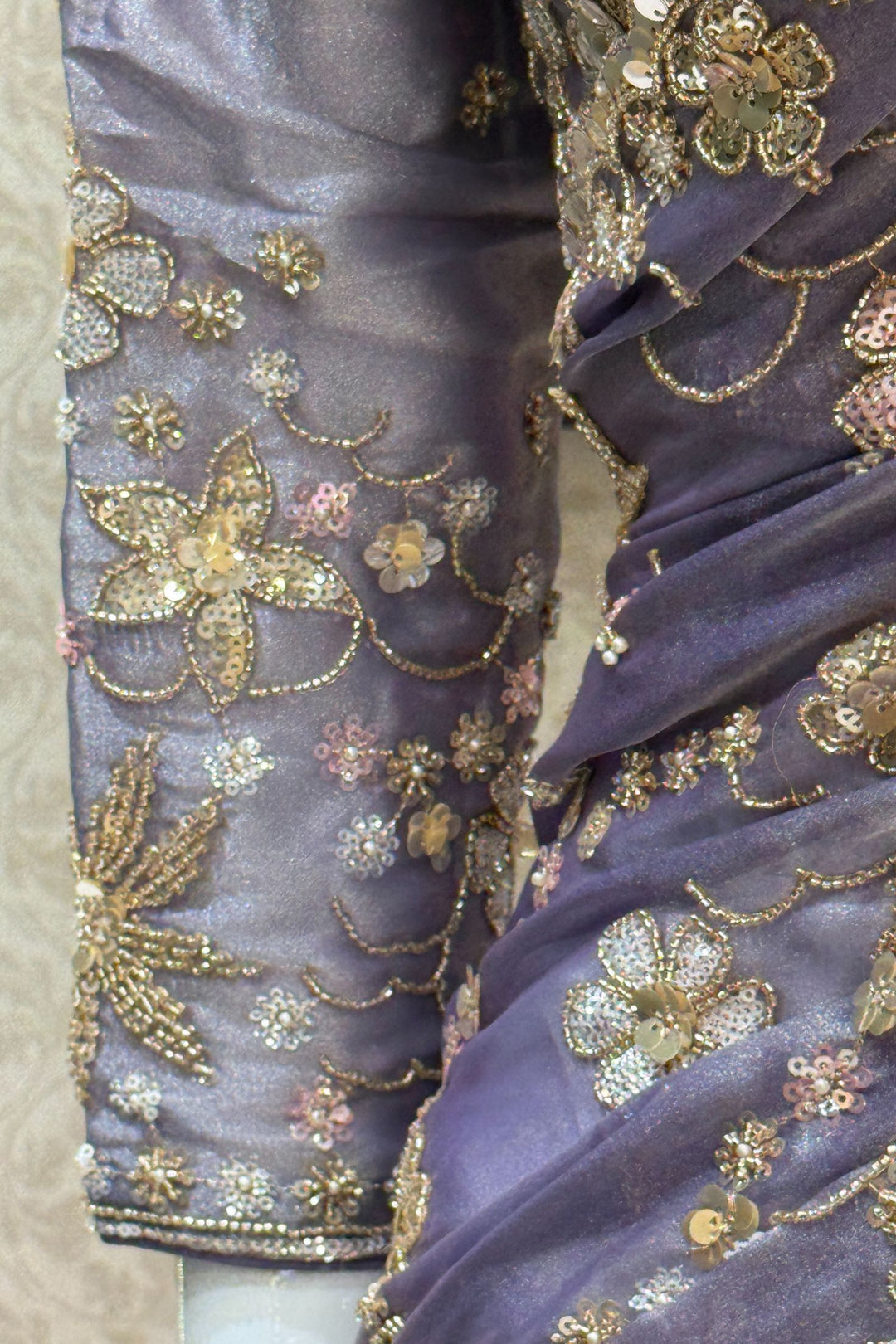 Light Purple Sequins, Beads, Zari and Pearls work Saree