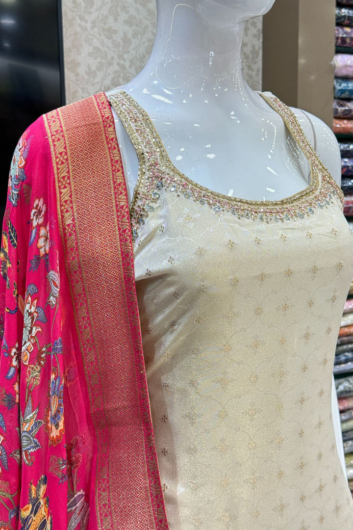 Cream Stone, Zardozi, Beads and Banaras work Straight Cut Salwar Suit