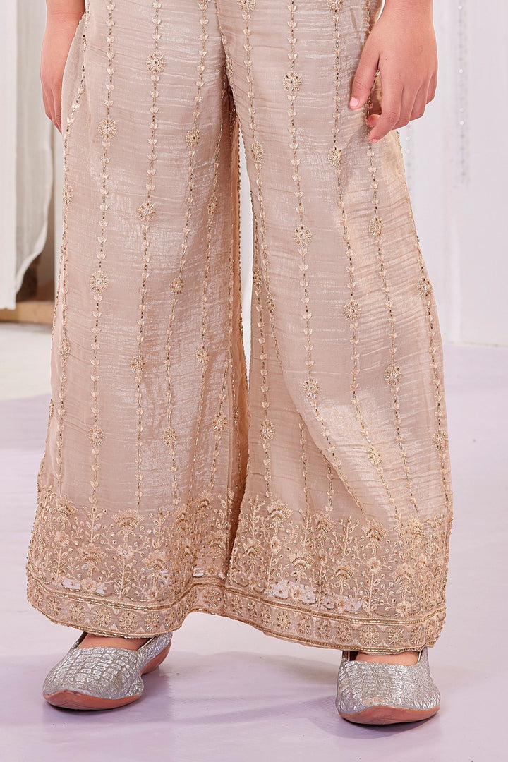 Beige Thread, Stone and Zardozi work Jacket Styled Palazzo Set For Girls