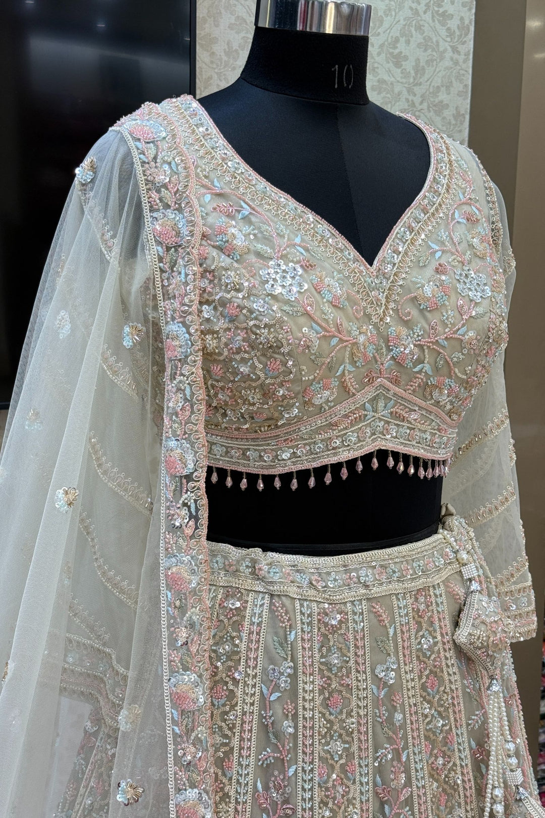 Beige Sequins, Beads and Zari Thread work Crop Top Designer Bridal Lehenga