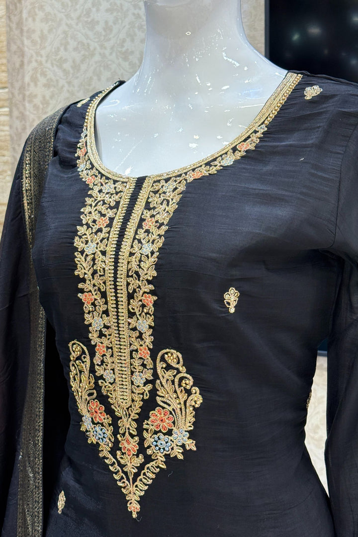 Black Beads, Zari, Sequins and Thread work with Floral Print Straight Cut Salwar Suit