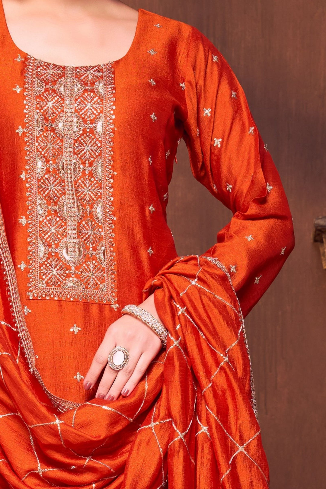 Orange Sequins, Zari and Beads work Straight Cut Salwar Suit