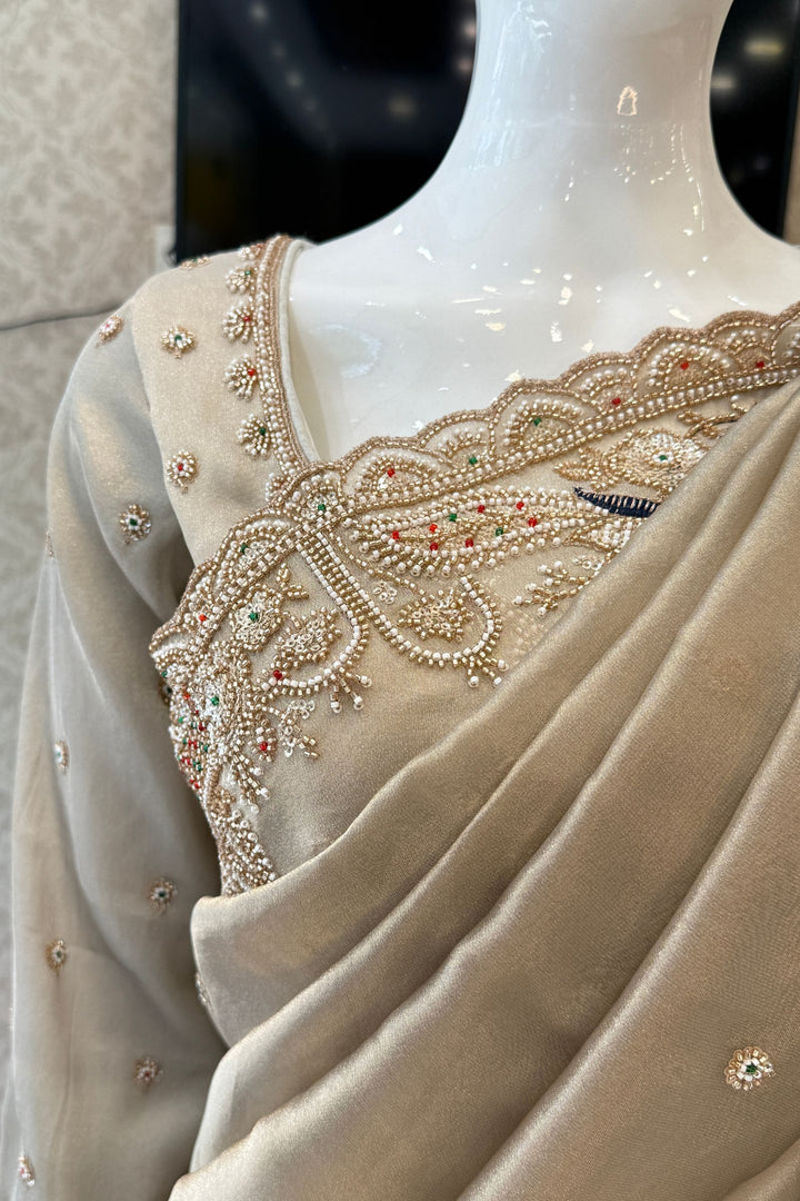 Grey Beads, Sequins and Pearl work Saree