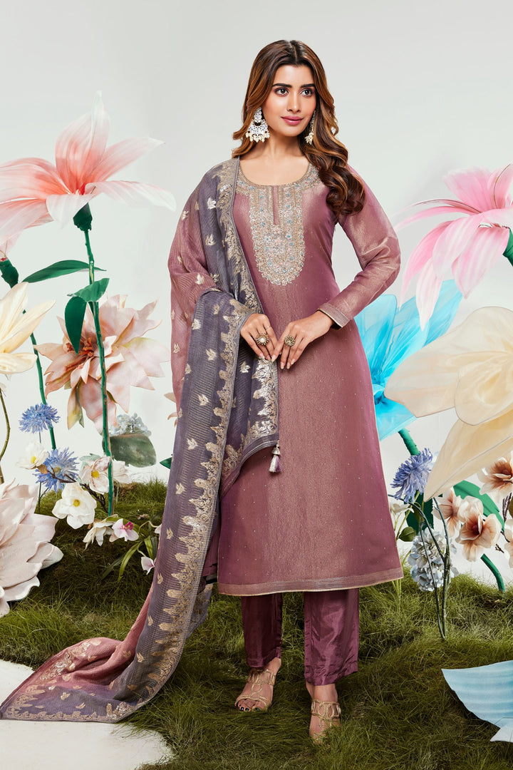 Onion Pink Zardozi, Zari, Thread and Beads work Straight Cut Salwar Suit