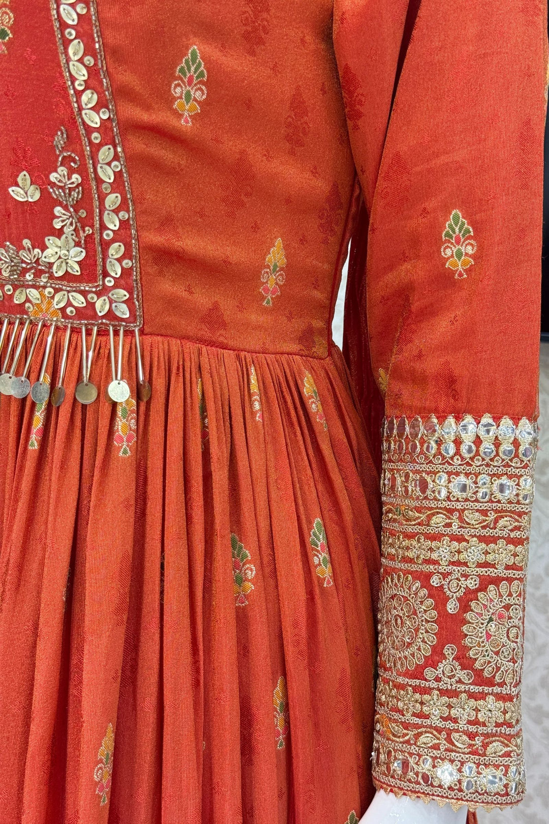 Orange Banaras, Sequins, Zari and Beads work Floor Length Anarkali Suit