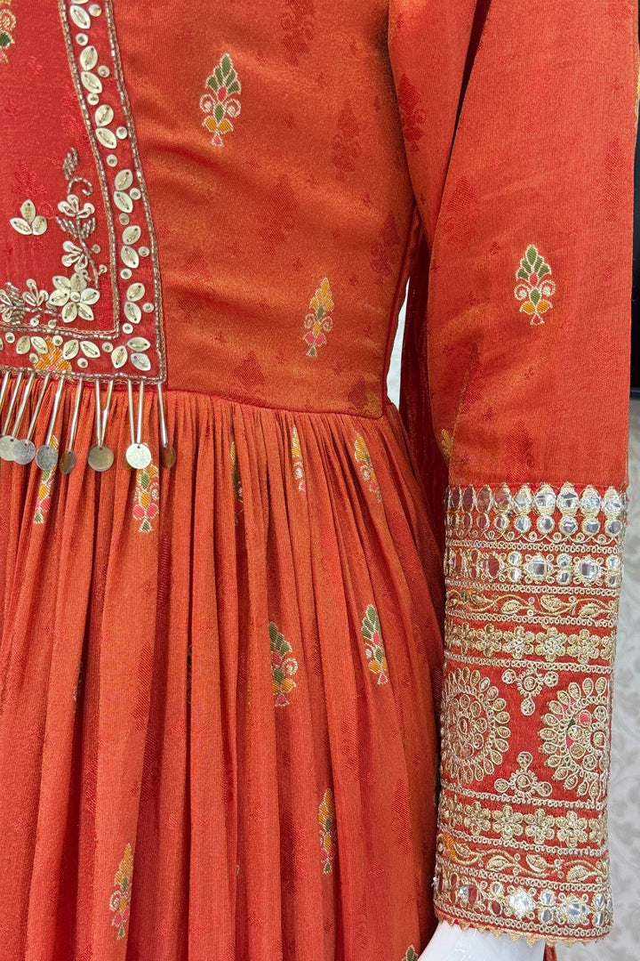Orange Banaras, Sequins, Zari and Beads work Floor Length Anarkali Suit