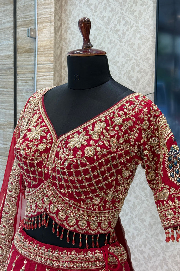 Red Beads, Sequins and Zari work Bridal Lehenga with Intricate Peacock and Elephant Motifs