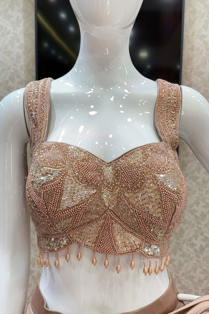 Champagne Gold Beads and Sequins work Indo-Western Styled Readymade Saree