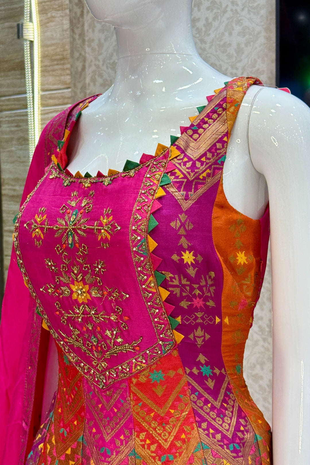 Multicolor Banaras, Zardozi and Beads work Anarkali Style Salwar Suit with Palazzo Pant