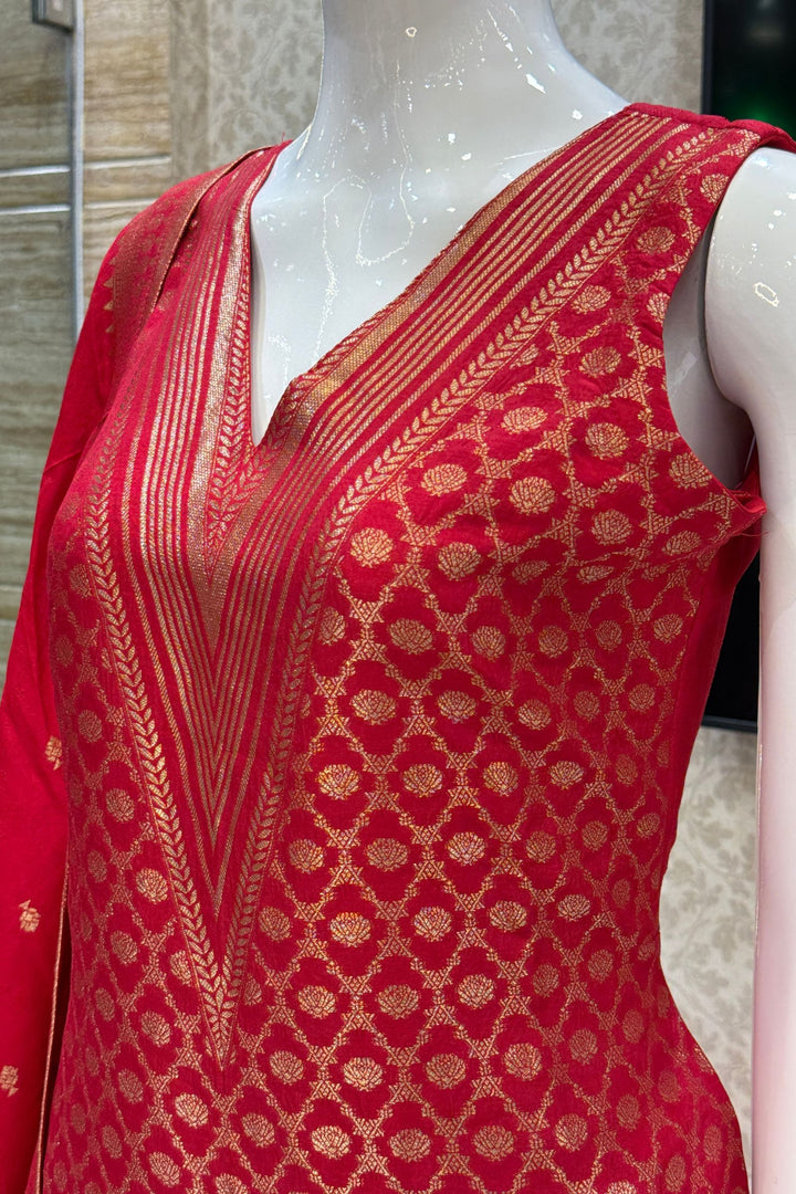 Red Banaras work V-Neck Straight Cut Salwar Suit