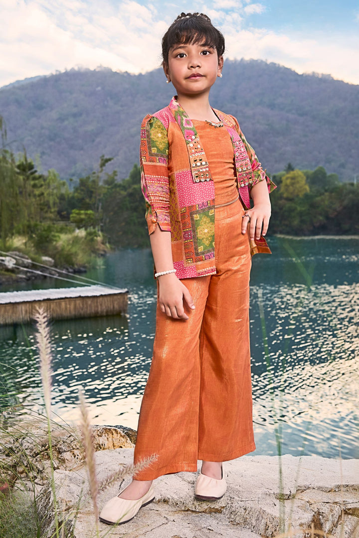 Rust with Multicolor Digital Print Jacket Styled Palazzo Set for Girls
