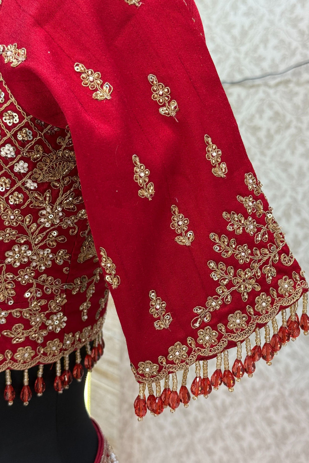 Maroon Beads, Zari, Zardozi and Sequins work Crop Top Designer Bridal Lehenga with Belt