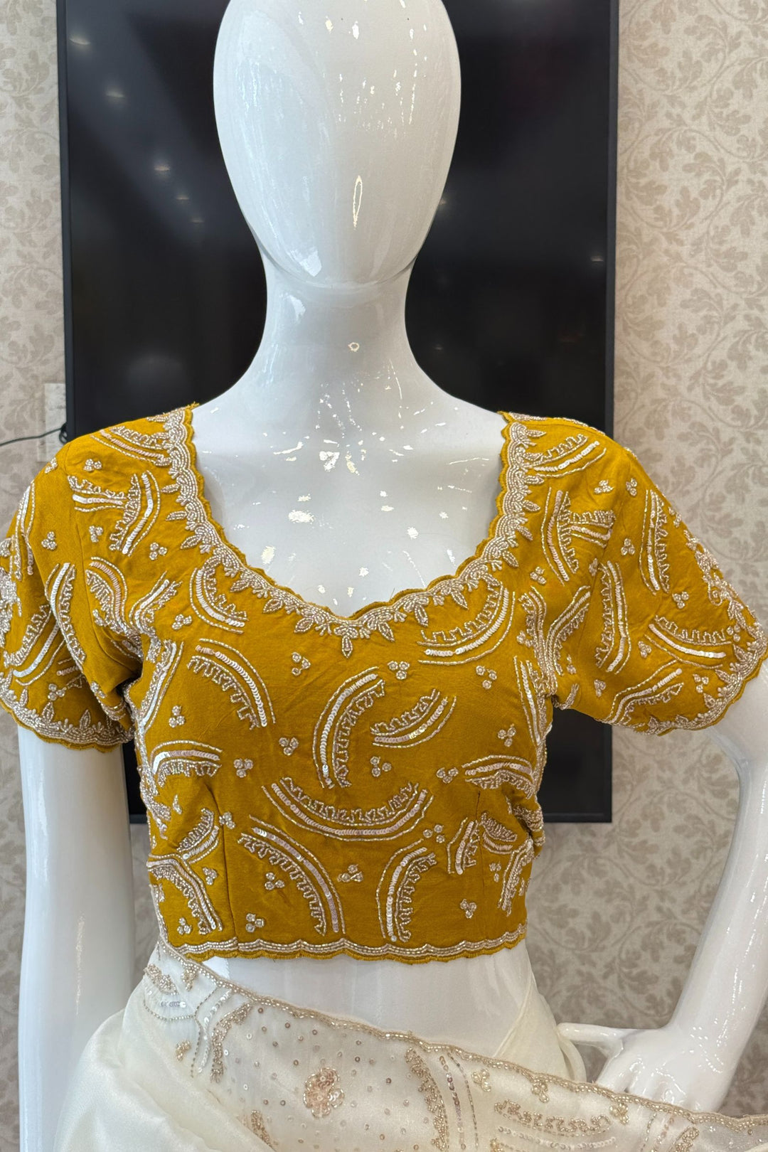 Half White Beads, Sequins and Thread work Saree