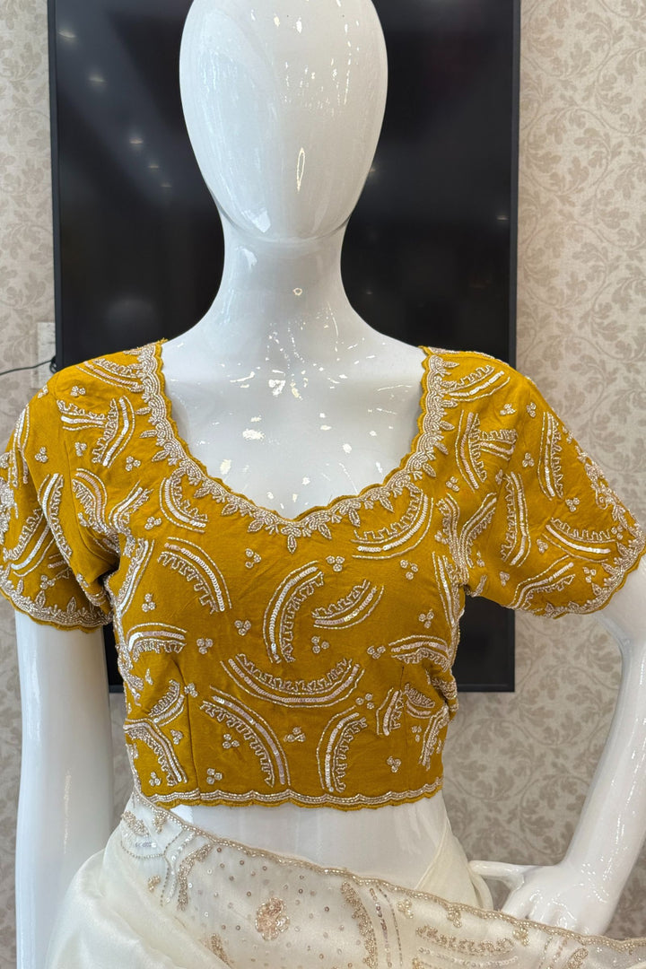 Half White Beads, Sequins and Thread work Saree