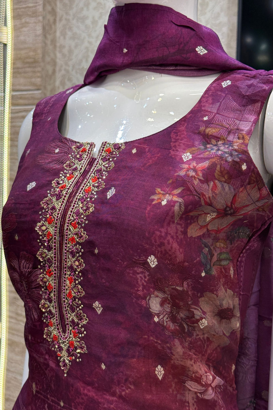 Wine Straight Cut Salwar Suit with Digital Print, Mirror, Zari and Banaras work