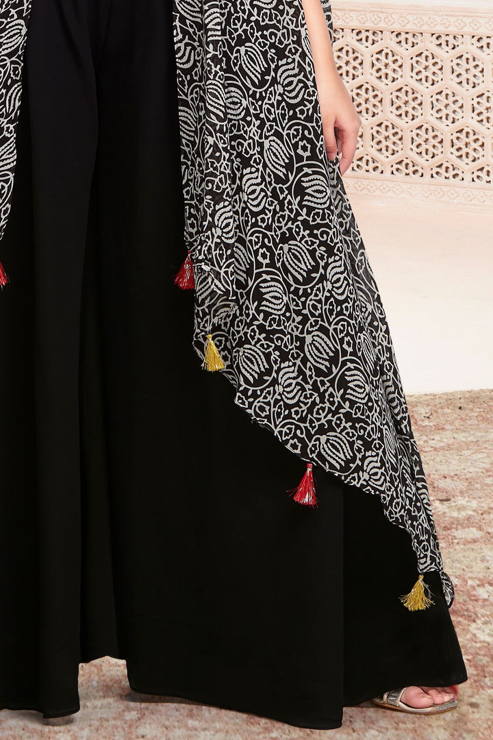 Black Multicolor Embroidery and Mirror work with Kaftan Styled Top and Palazzo Set for Girls