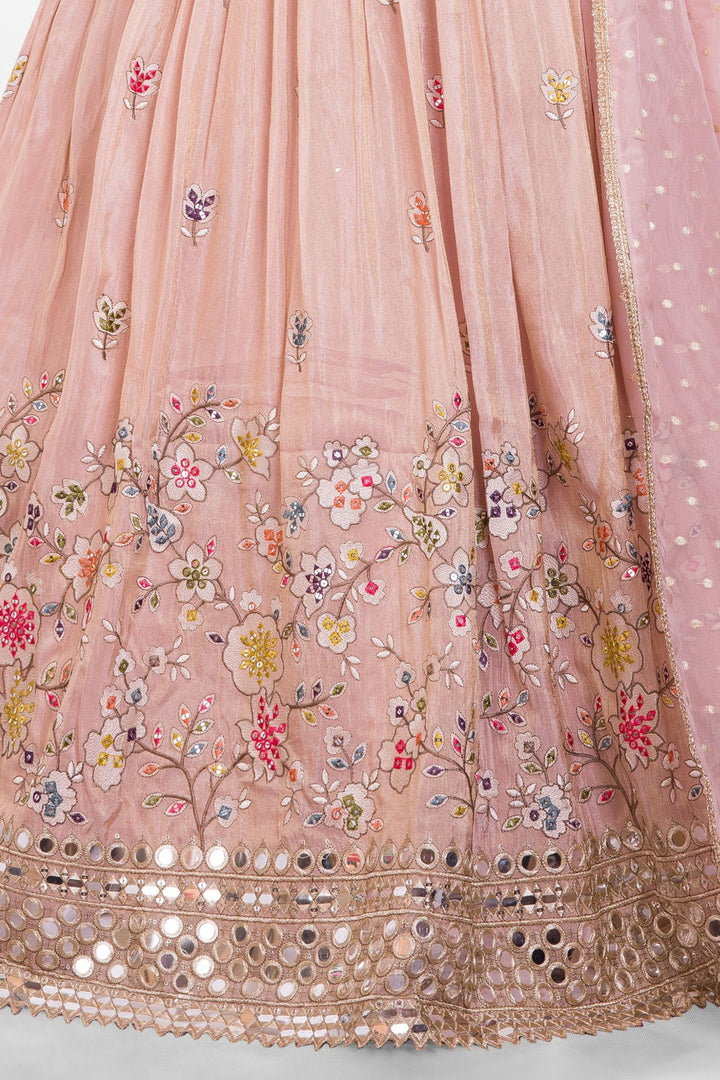 Peach Mirror, Zari, Sequins, Beads and Zardozi work Lehenga Choli for Girls