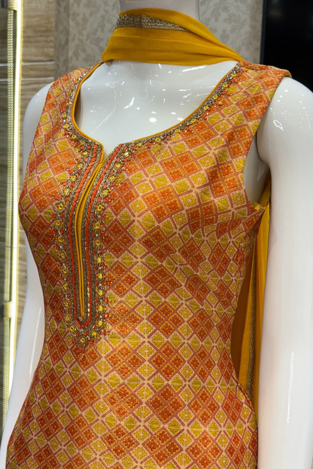 Yellow Beads, Stone, Mirror, Zardozi and Thread work with Digital Print Straight Cut Salwar Suit
