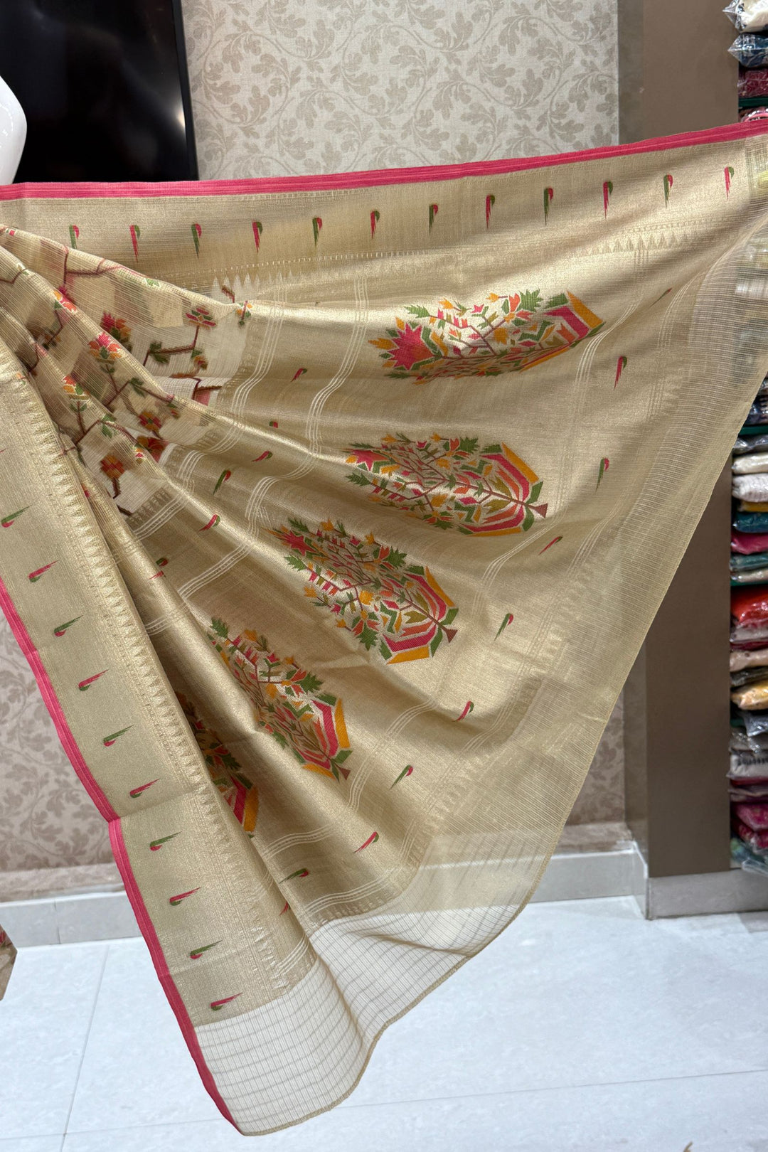 Beige Banaras and Zari Weaving work Saree