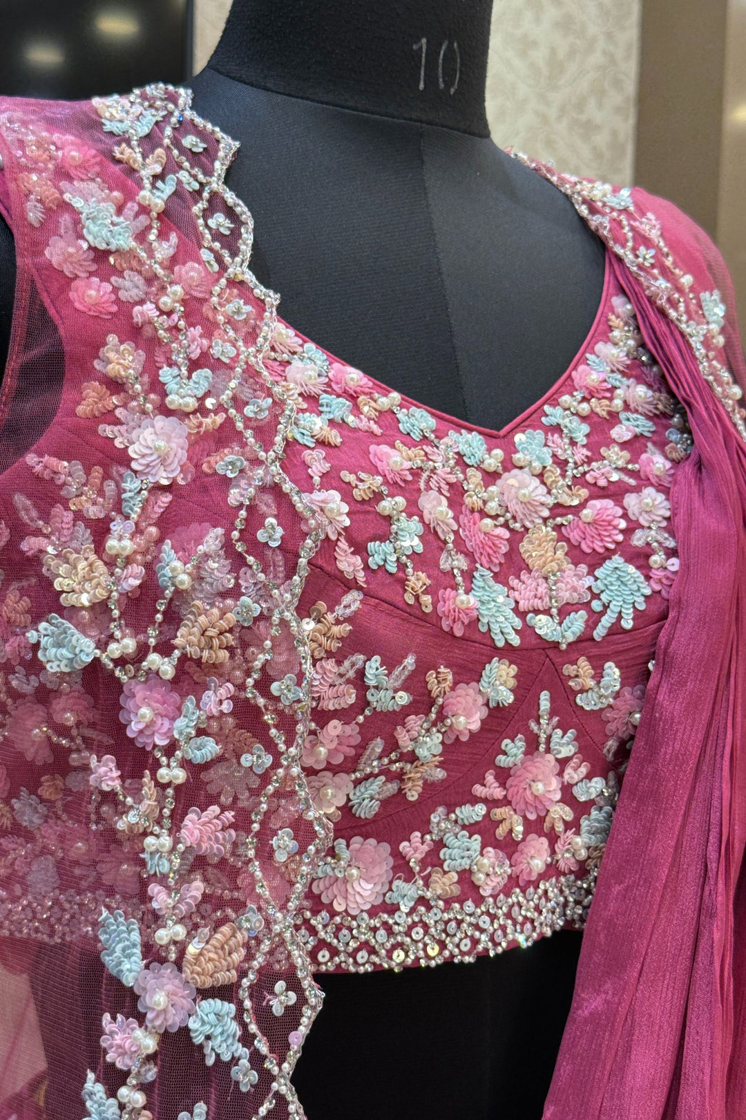 Onion Pink Sequins, Stone and Pearl work Indo-Western Styled Crop Top Lehenga  with Overcoat