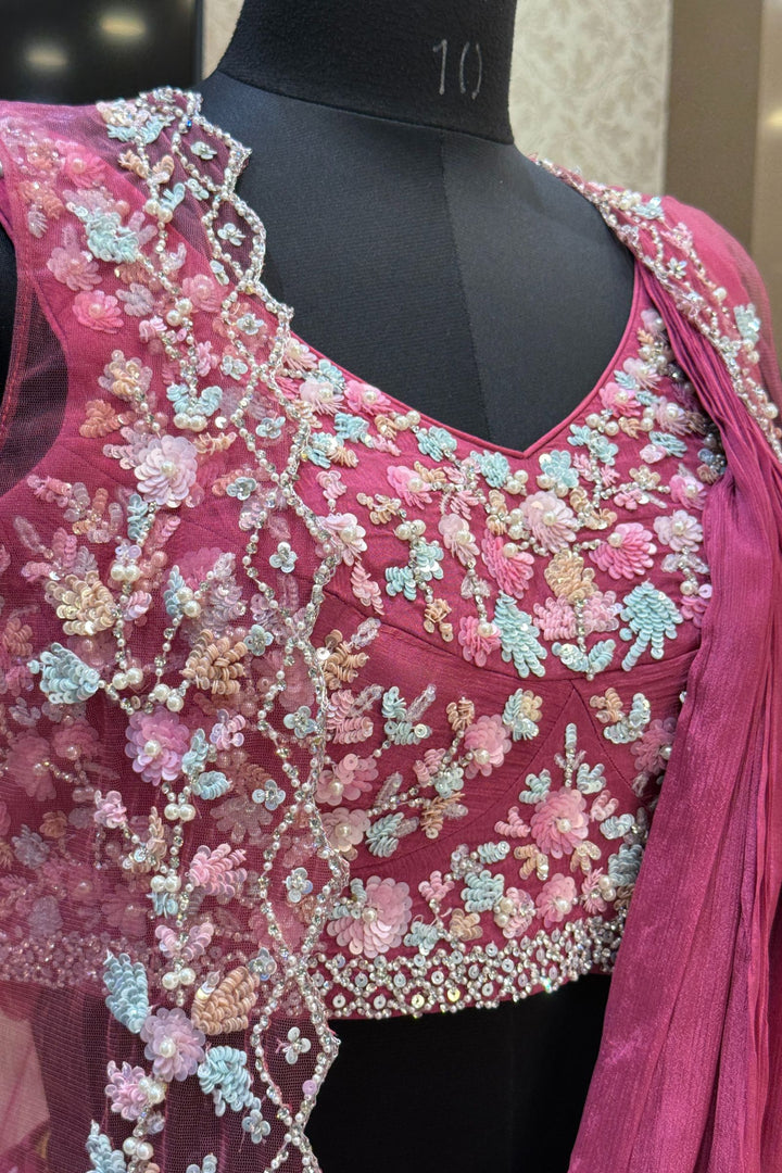 Onion Pink Sequins, Stone and Pearl work Indo-Western Styled Crop Top Lehenga  with Overcoat