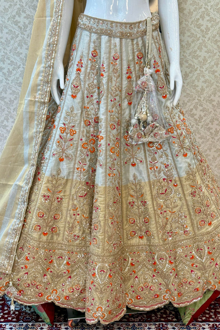 Light Grey Zari, Beads, Sequins and Multicolor Embroidery work Crop Top Designer Bridal Lehenga