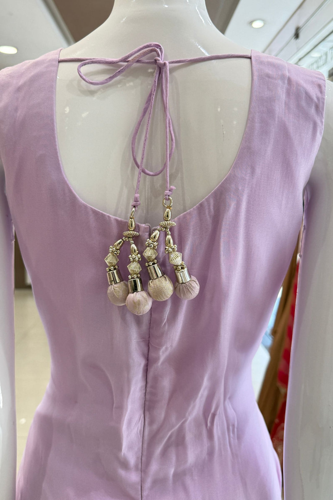 Light Lavender Banaras, Beads, Zardozi, Stone and Mirror work Straight Cut Salwar Suit