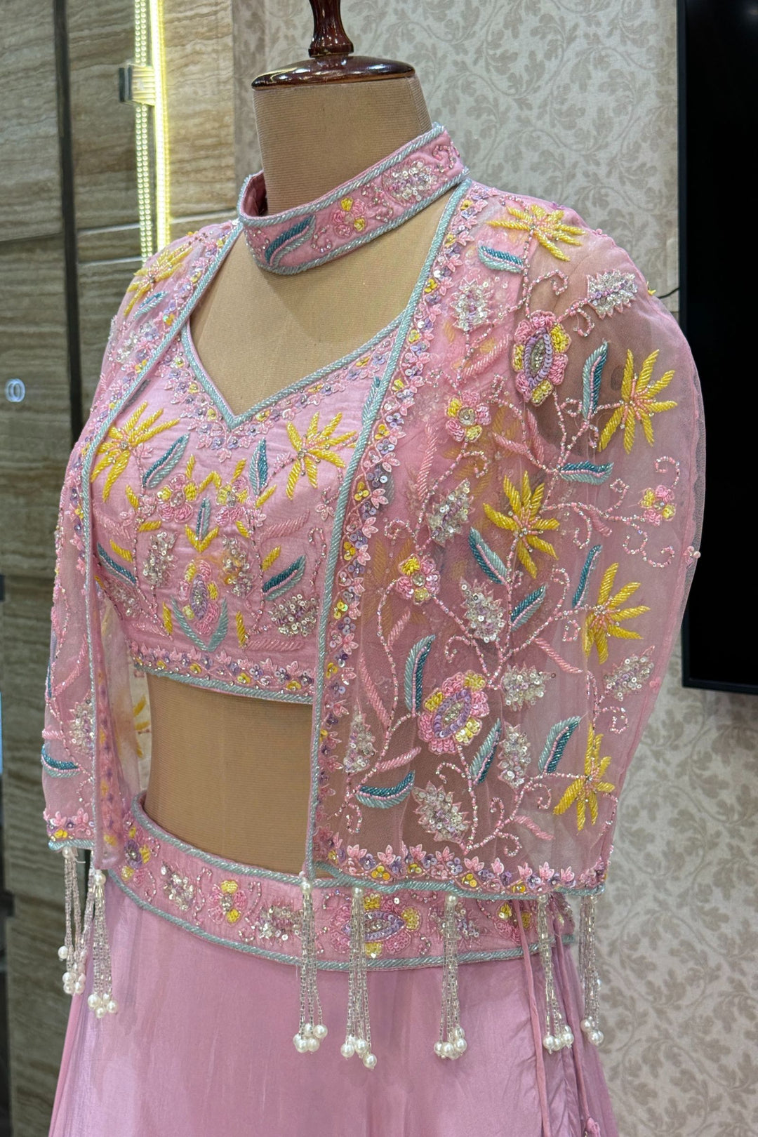 Light Pink Beads, Sequins and Stone work with Poncho Crop Top Lehenga