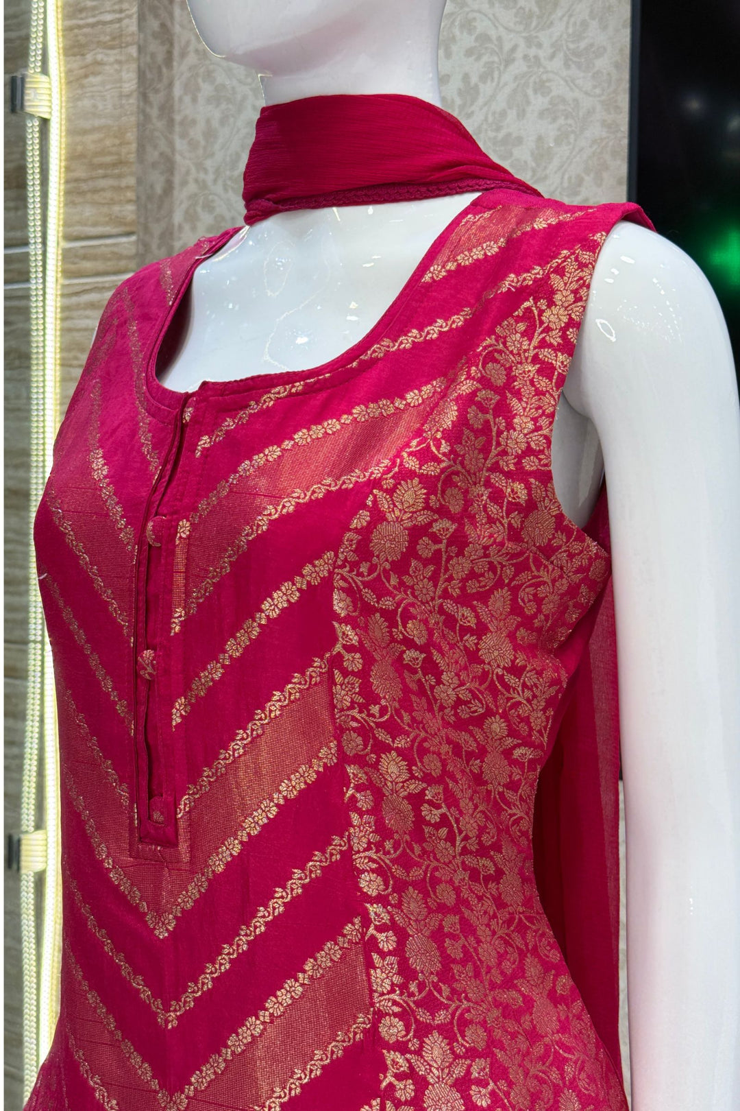 Rani Pink Banaras work Straight Cut Salwar Suit