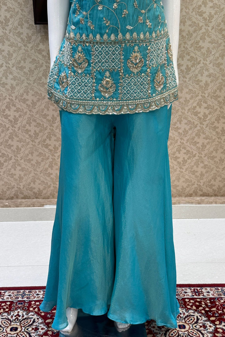 Rama Blue Beads, Zari and Sequins work Top with Flared Palazzo Set