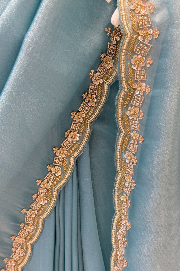 Firozi Blue Beads, Sequins, Zari and Pearls work Saree