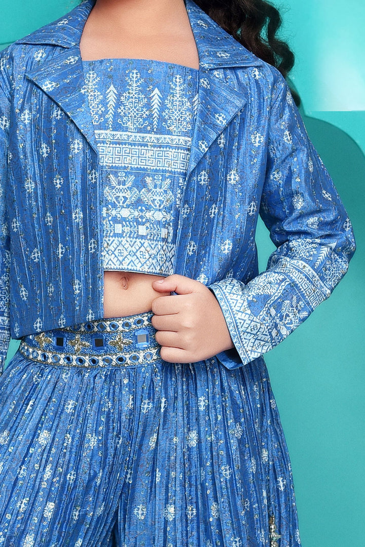 Blue with Digital Print Overcoat Styled Palazzo Set for Girls