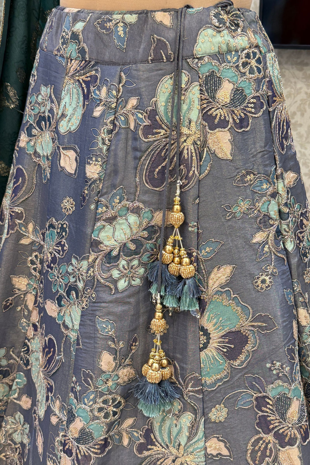 Grey Beads, Sequins, Zardozi and Multicolor Thread work with Digital Print Crop Top Lehenga