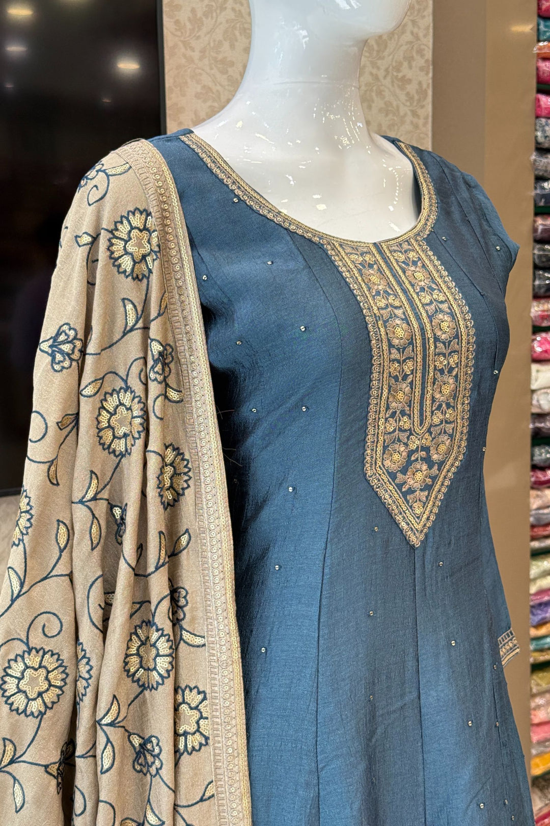 Teal Blue Embroidery and Sequins work A-line Cut Salwar Suit