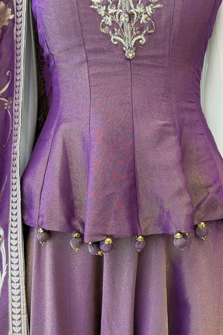 Purple Zardozi, Stone, Beads and Sequins work Palazzo Set with Peplum Top