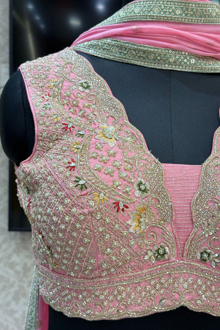 Pink with Light Green Floral Print, Beads, Zari and Sequins work Crop Top Lehenga