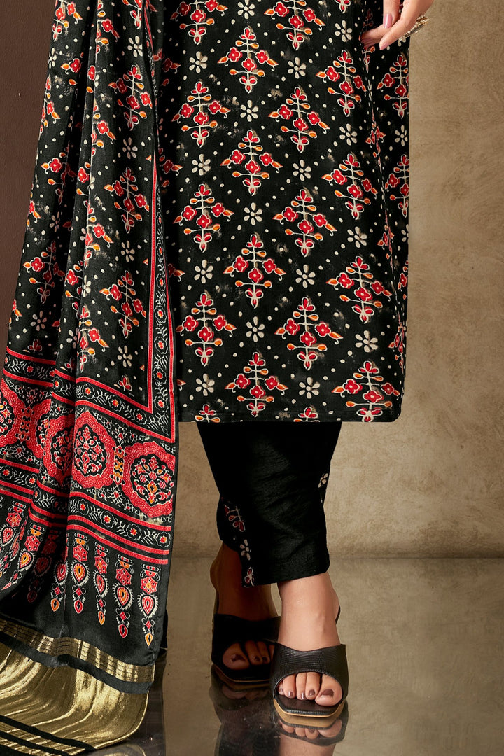 Black Beads, Mirror, Zardozi and Stone work with Multicolor Digital Print Straight Cut Salwar Suit