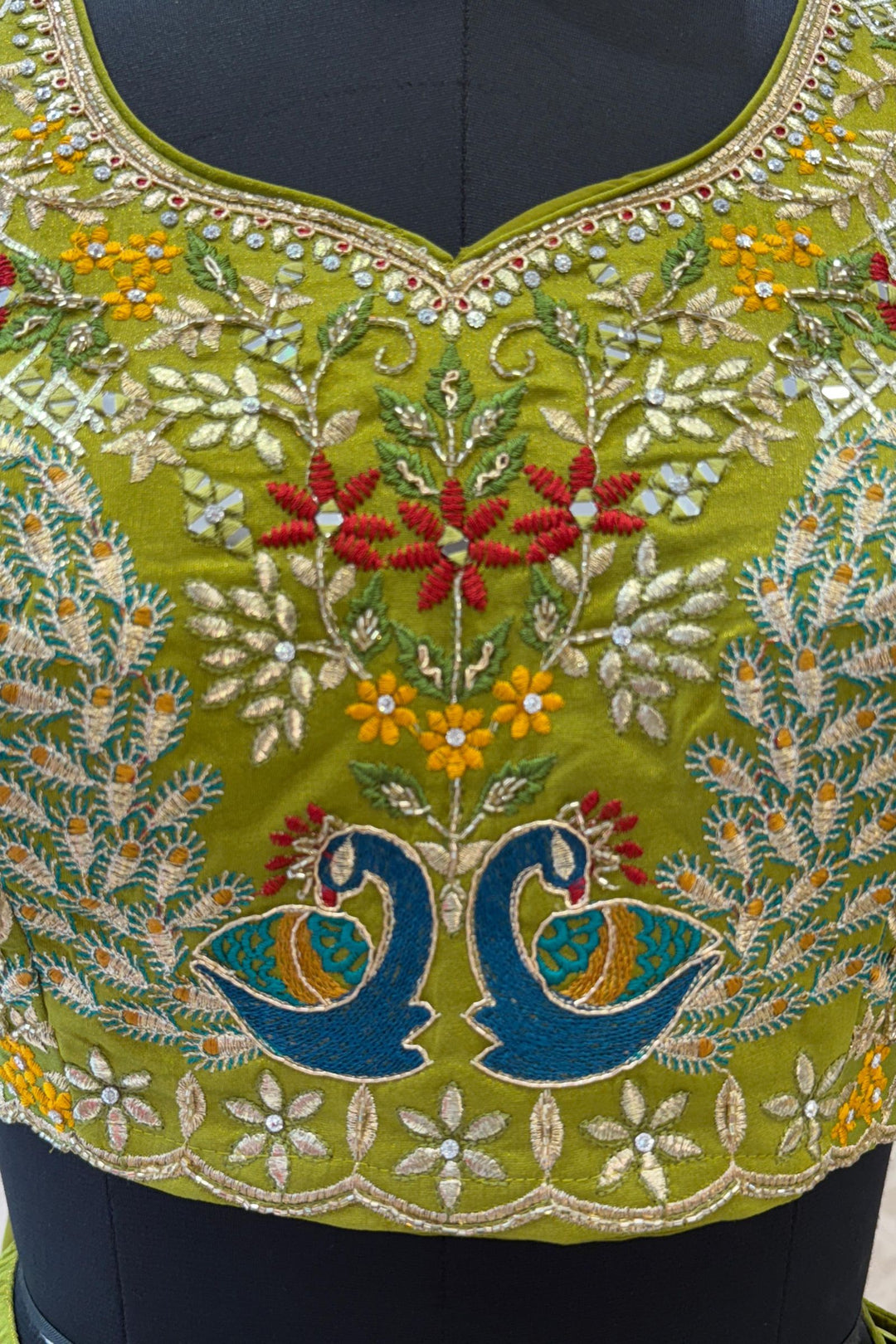 Mehendi Green Zari, Zardozi, Mirror, Stone and Multicolor Embroidery work Crop Top Lehenga
