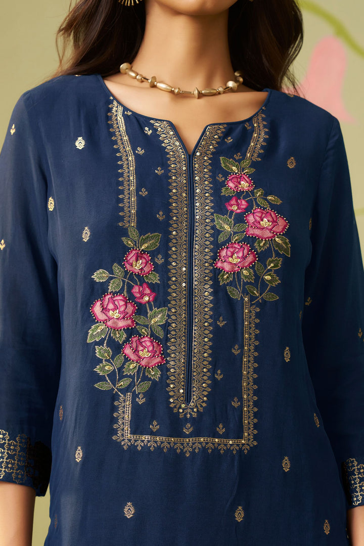 Navy Blue Embroidery, Banaras and Beads work Straight Cut Salwar Suit