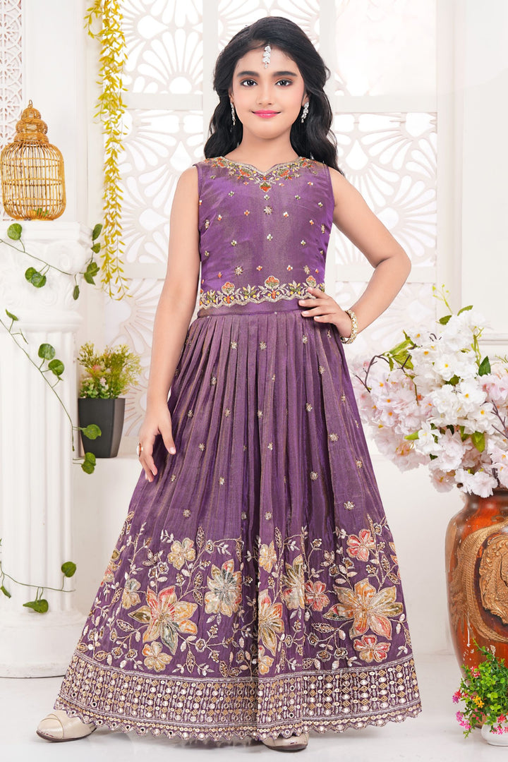 Purple Sequins, Beads and Stone work with Floral Print Lehenga Choli for Girls