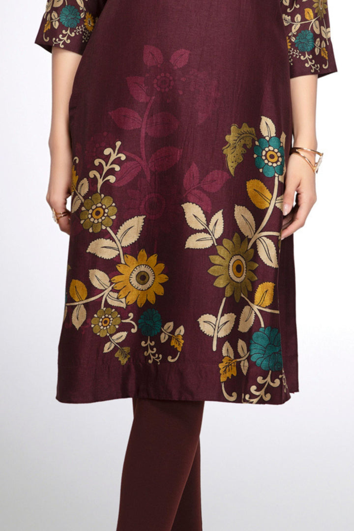 Wine Embroidery, Stone and Zari work with Floral Print Calf Length Kurti