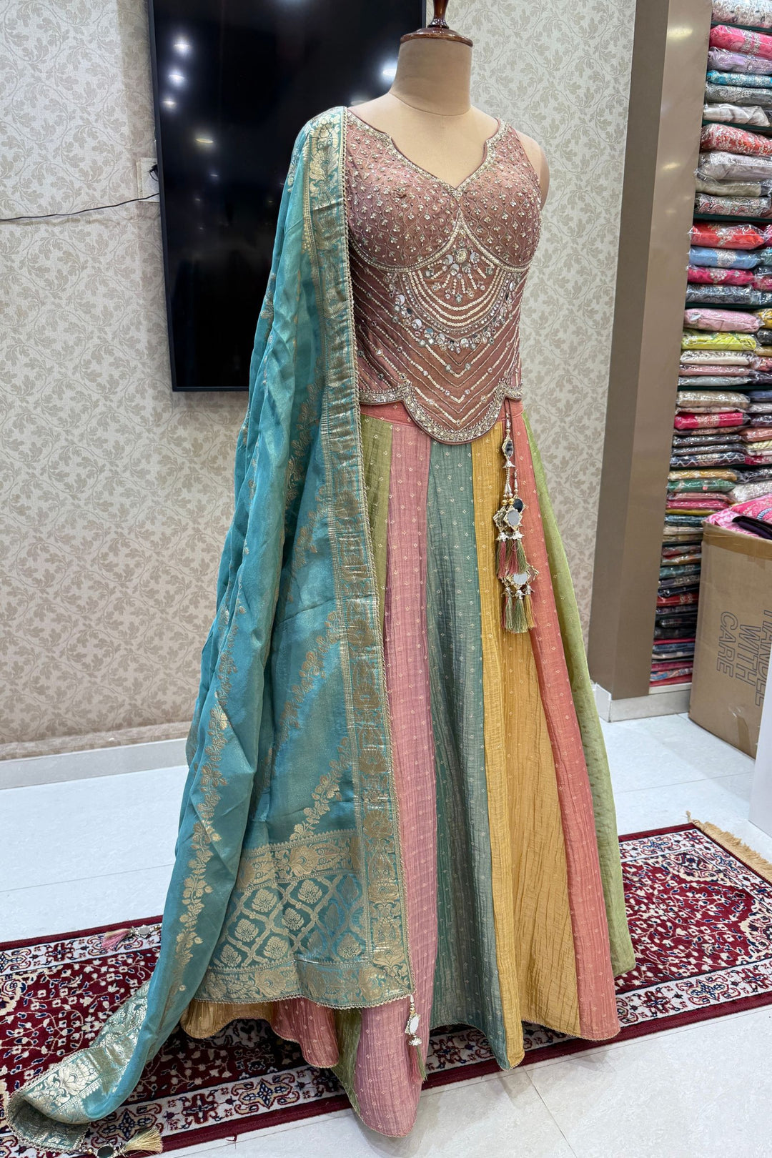 Onion Pink Beads, Stone, Sequins, Mirror and Zari work with Multicolor Lehenga Set