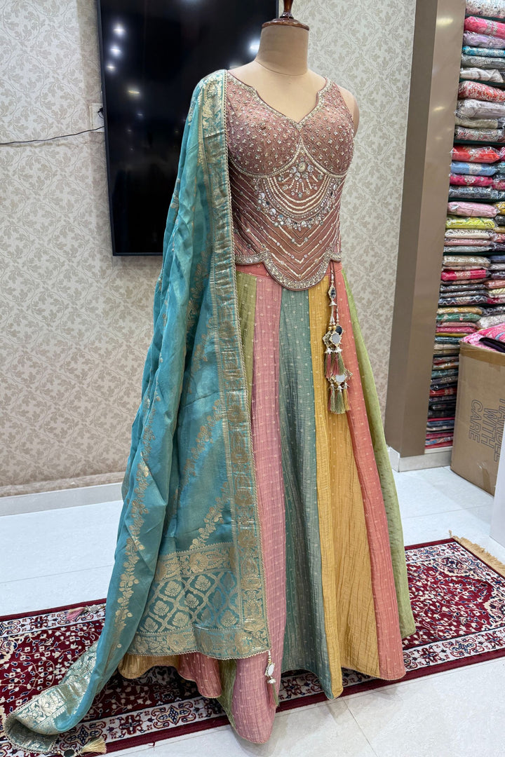 Onion Pink Beads, Stone, Sequins, Mirror and Zari work with Multicolor Lehenga Set