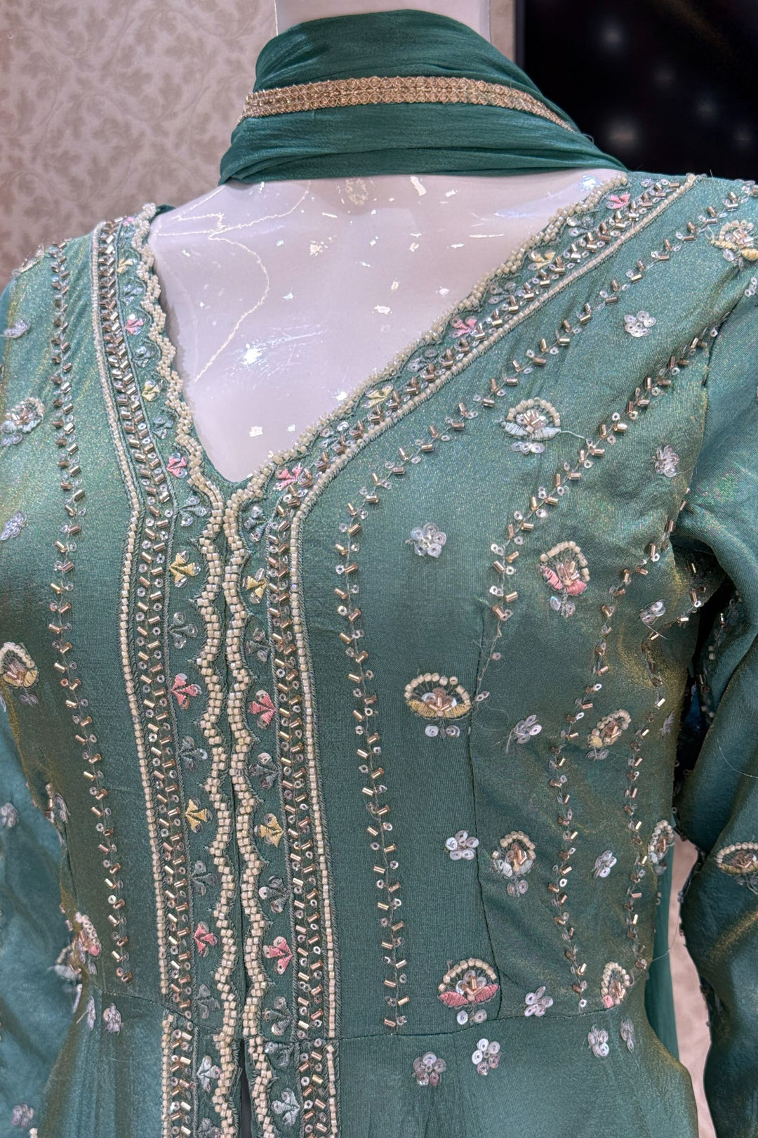 Sea Green Beads, Sequins and Thread work Long Top with Straight Pant