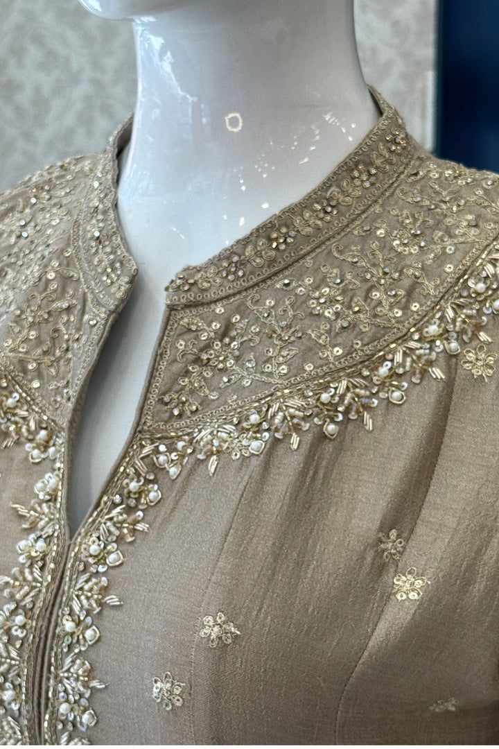 Beige Zari, Zardozi, Sequins and Stone work A-line Cut Salwar Suit