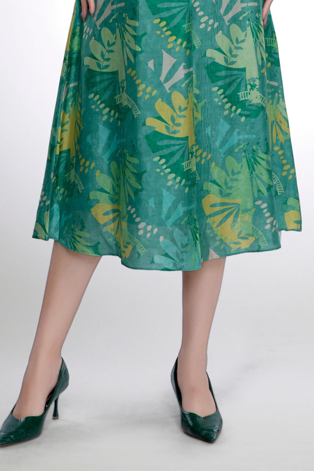 Green Beads work with Multicolor Digital Print Calf Length Kurti