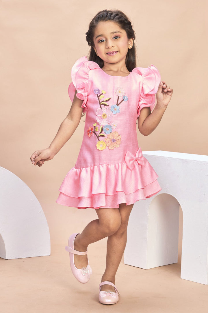 Baby Pink Thread work Short Frock for Girls