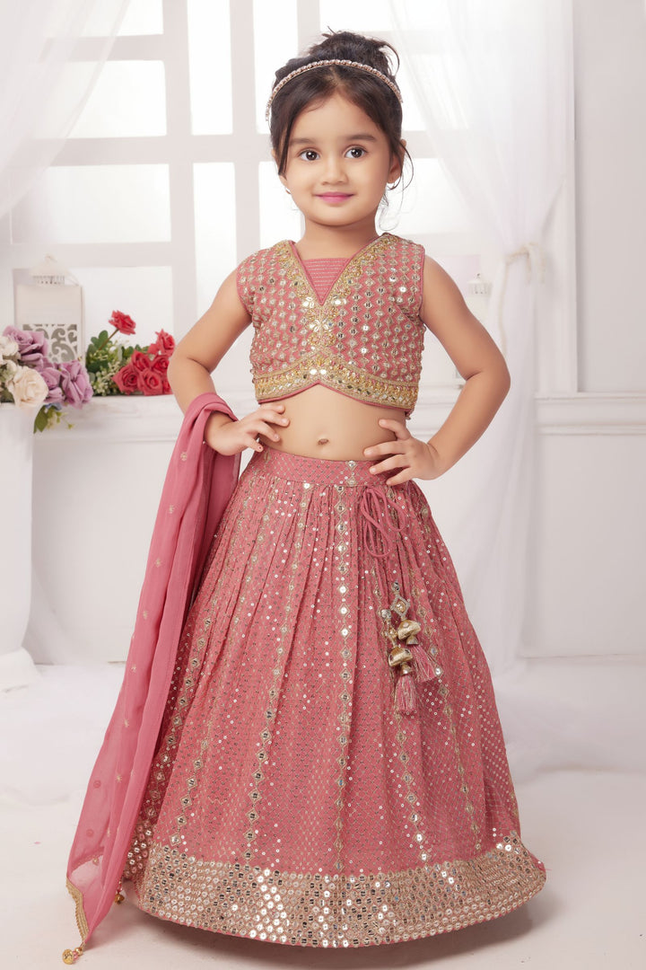 Onion Pink Sequins, Zari, Mirror and Beads work Lehenga Choli for Girls