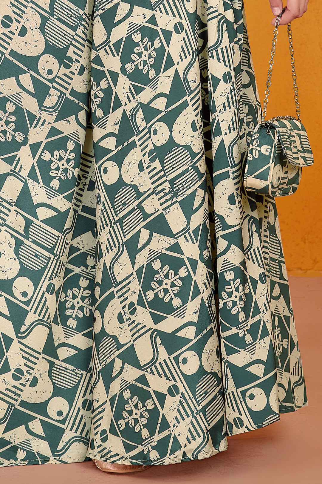 Cream with Green Digital Print, Sequins, Beads and Mirror work Palazzo Suit Set for Girls