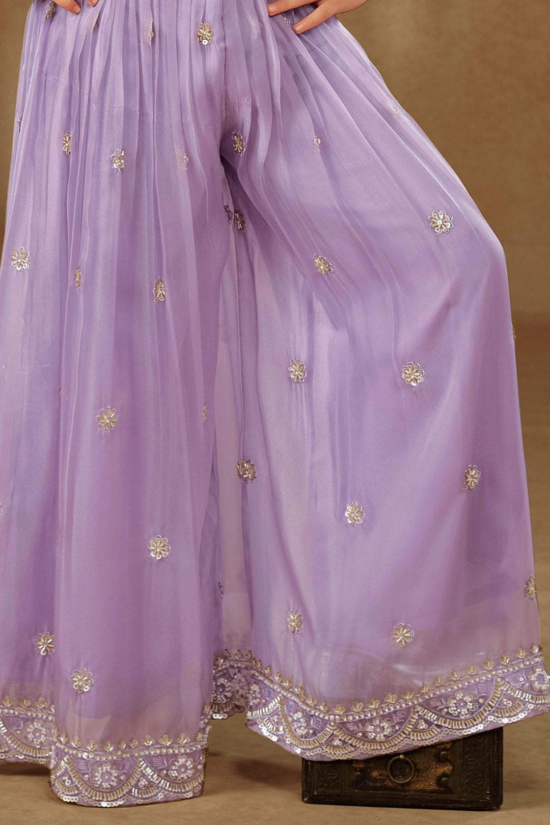 Lavender Sequins, Beads and Thread work Choli and Palazzo Set for Girls